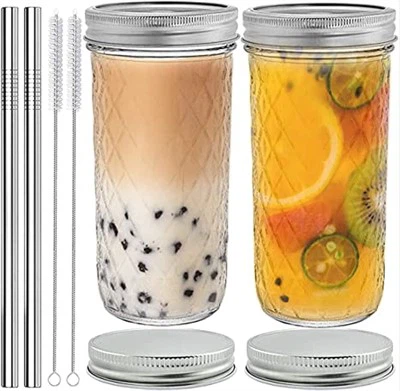 Стакан скляний з кришками та соломинками 650 мл