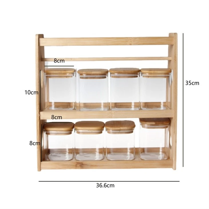 8pcs Square Glass Jars With Wooden Handled Rack suppliers
