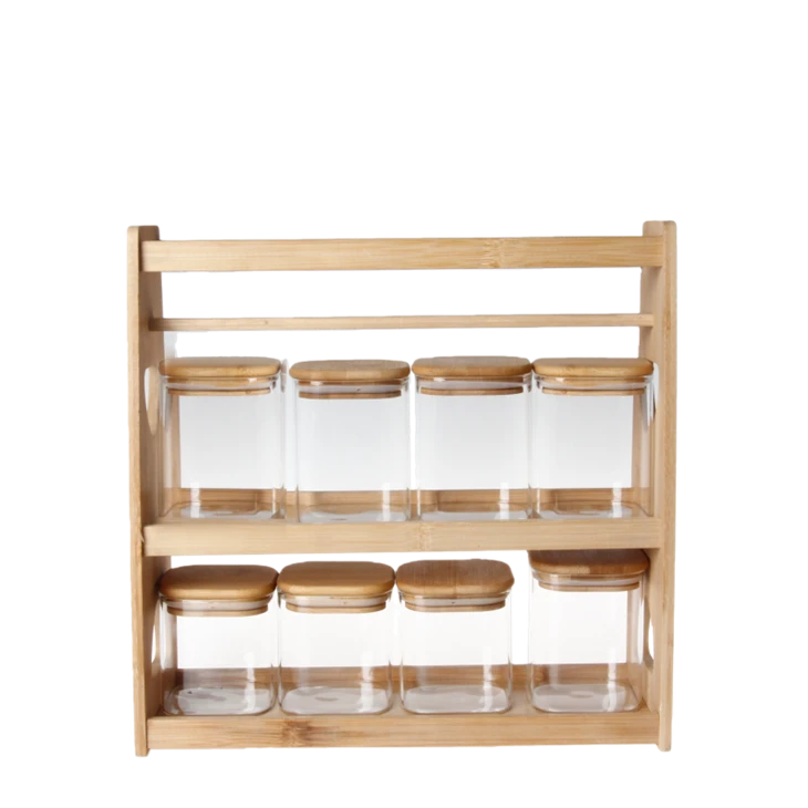 8pcs Square Glass Jars With Wooden Handled Rack factory
