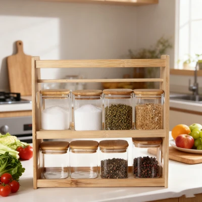 8pcs Square Glass Jars With Wooden Handled Rack
