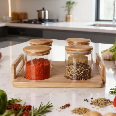 4-компонентний круглий скляний ящик для зберігання з дерев'яним підносом